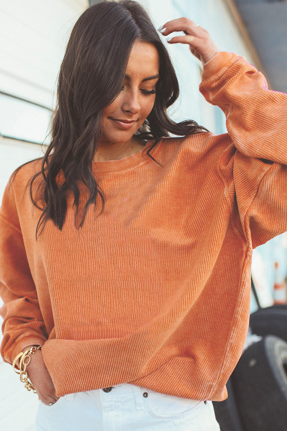 Chestnut Ribbed Corduroy Oversized Sweatshirt