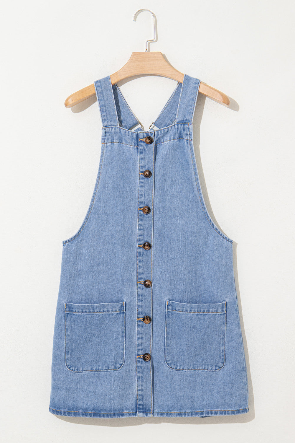 Medium Grey Wide Strap Button Front Pocketed Denim Mini Dress