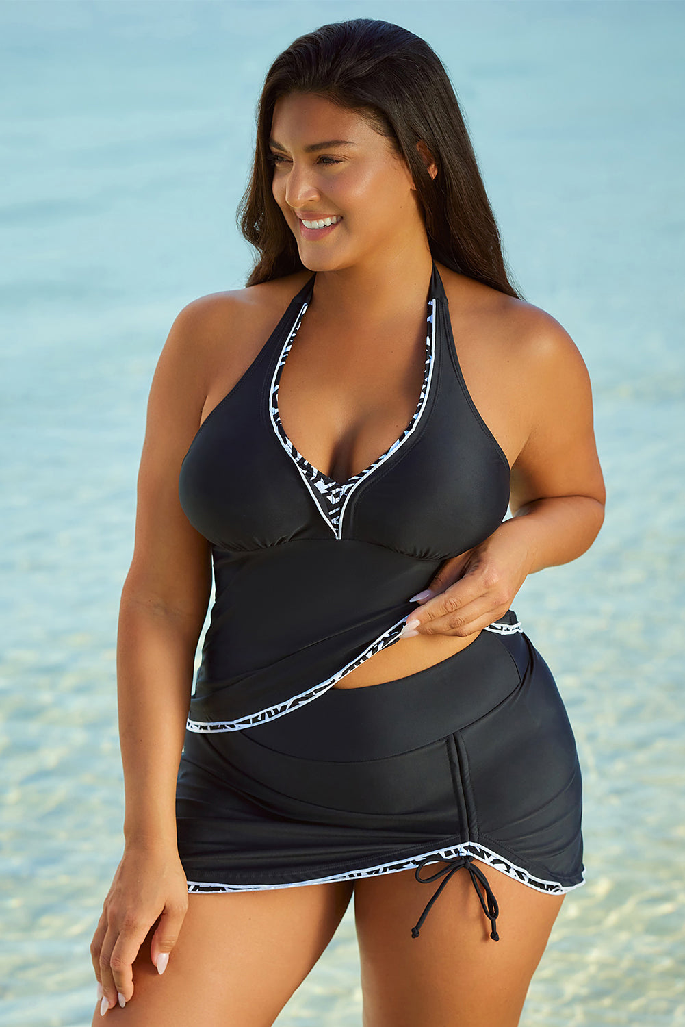Sky Blue Contrast Trim Tankini Top with Swimsuit Skirt Tankini Set