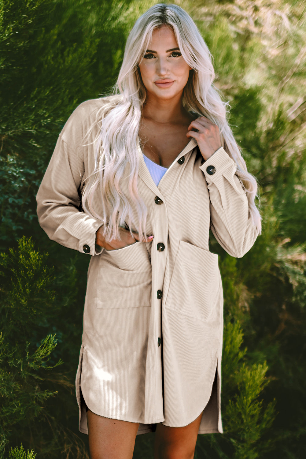 Jungle Green Oversized Corduroy Contrast Hooded Shacket