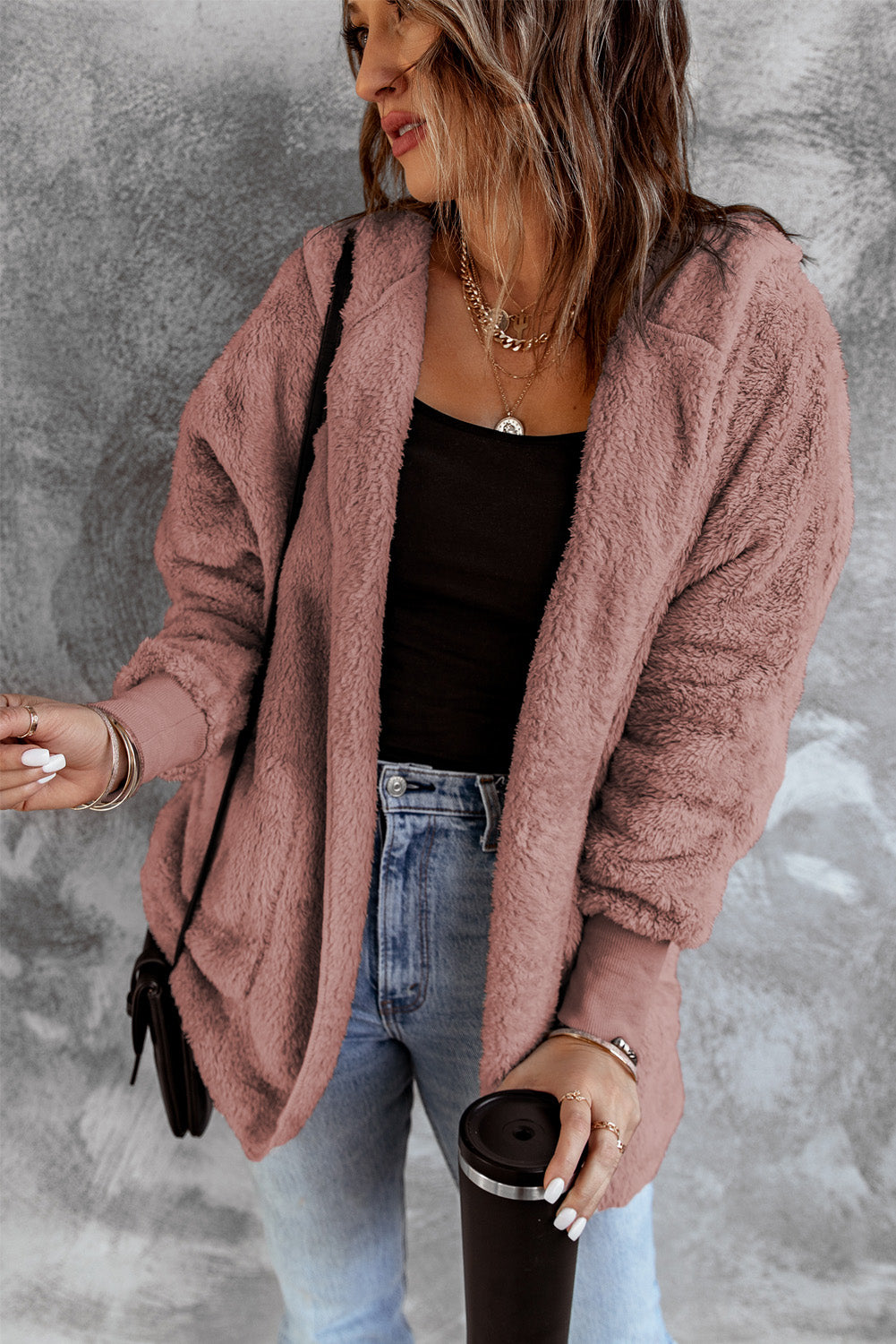 Pink Pink Soft Fleece Hooded Open Front Jacket