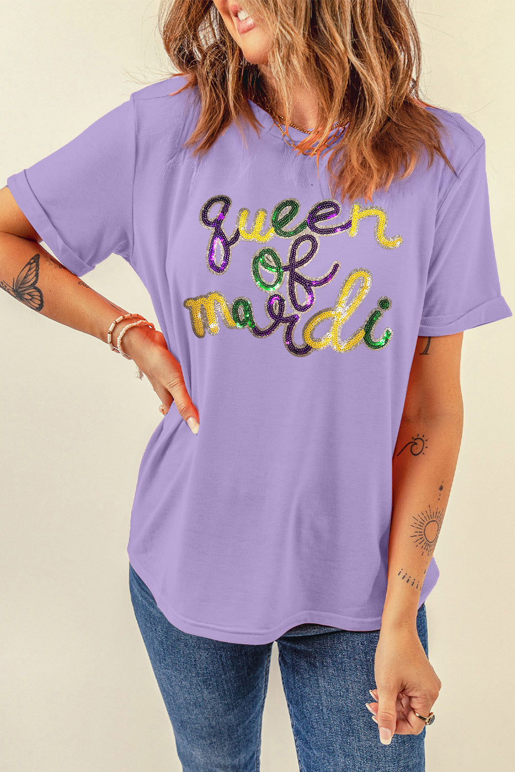 White queen of mardi Sequin Letter Graphic T Shirt