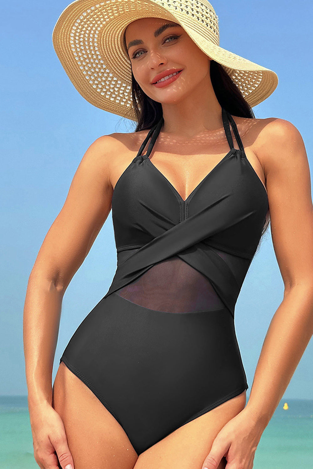 Navy Blue Halter Mesh Insert Cross Front One-Piece Swimsuit