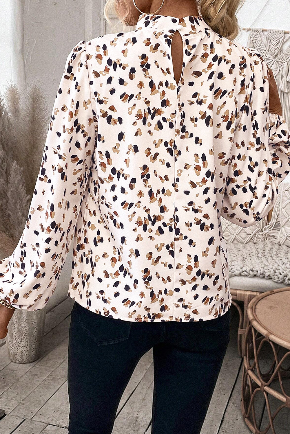 Black Leopard Print Lantern Sleeve Mock Neck Pleated Blouse