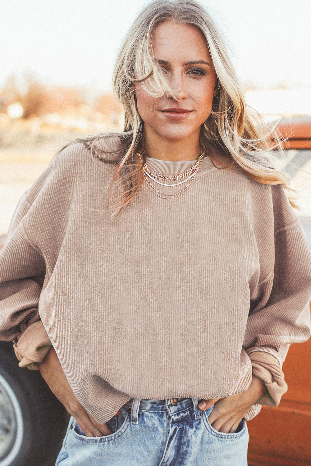 Chestnut Ribbed Corduroy Oversized Sweatshirt