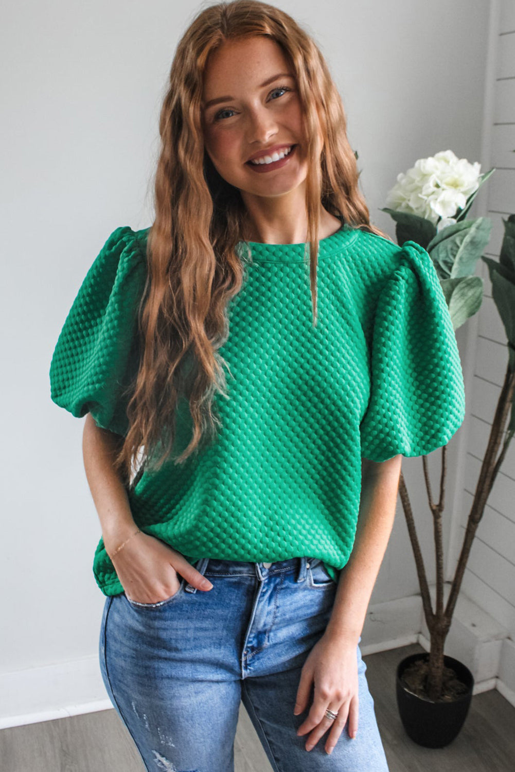 White Solid Textured O Neck Puff Sleeve Blouse