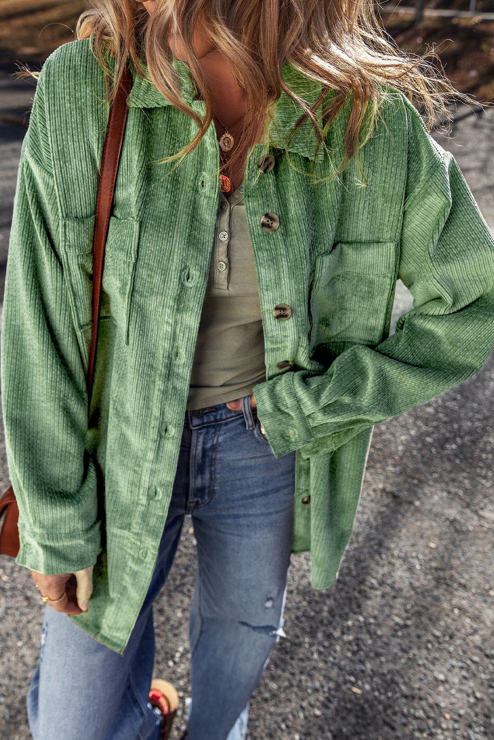 Light French Beige Patched Pocket Button Up Corduroy Shacket