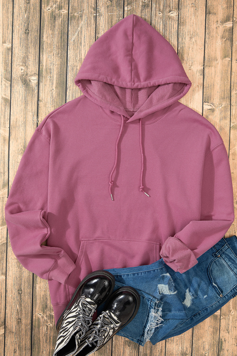 Bonbon Fleece Lined Kangaroo Pocket Drawstring Chunky Hoodie