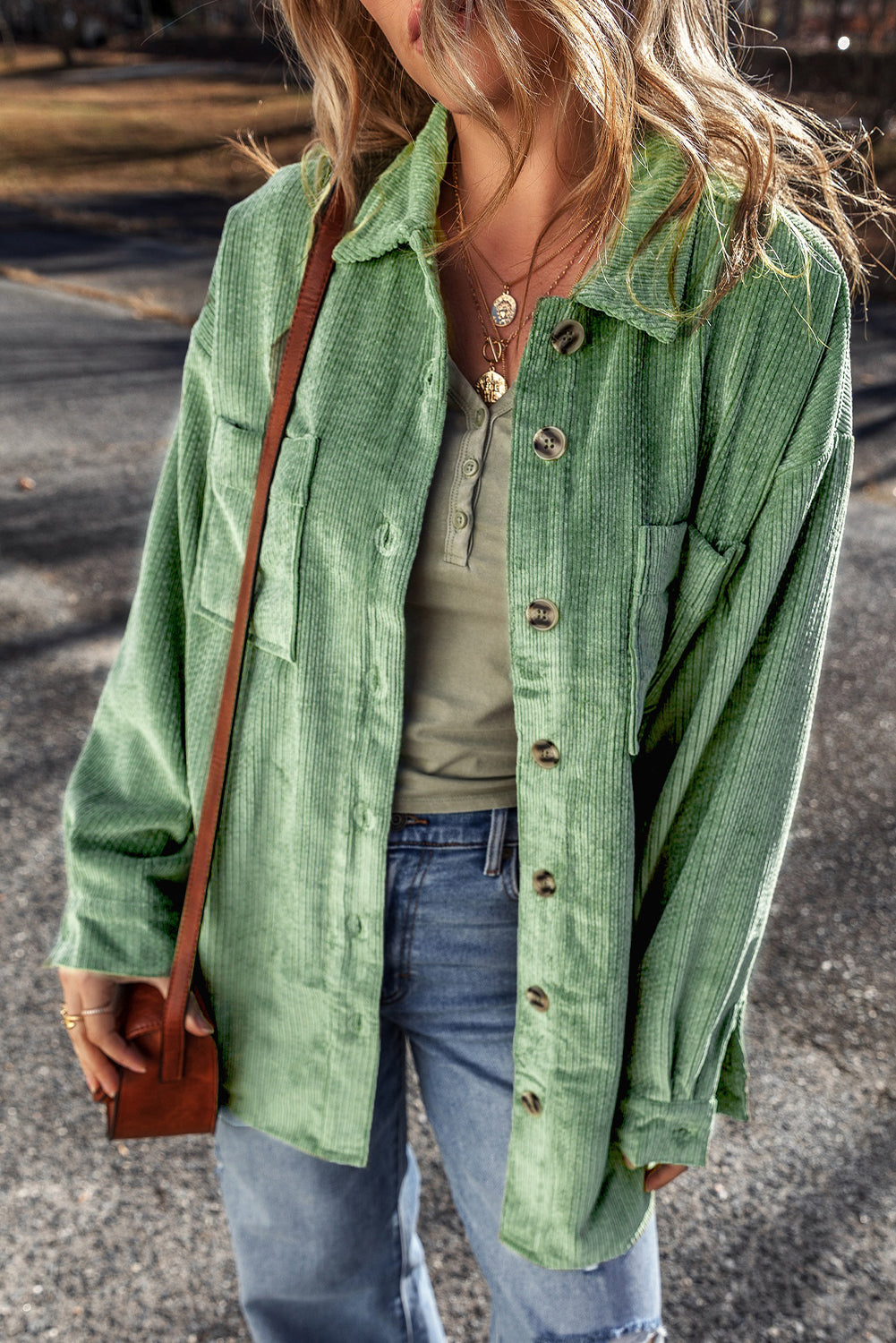 Light French Beige Patched Pocket Button Up Corduroy Shacket