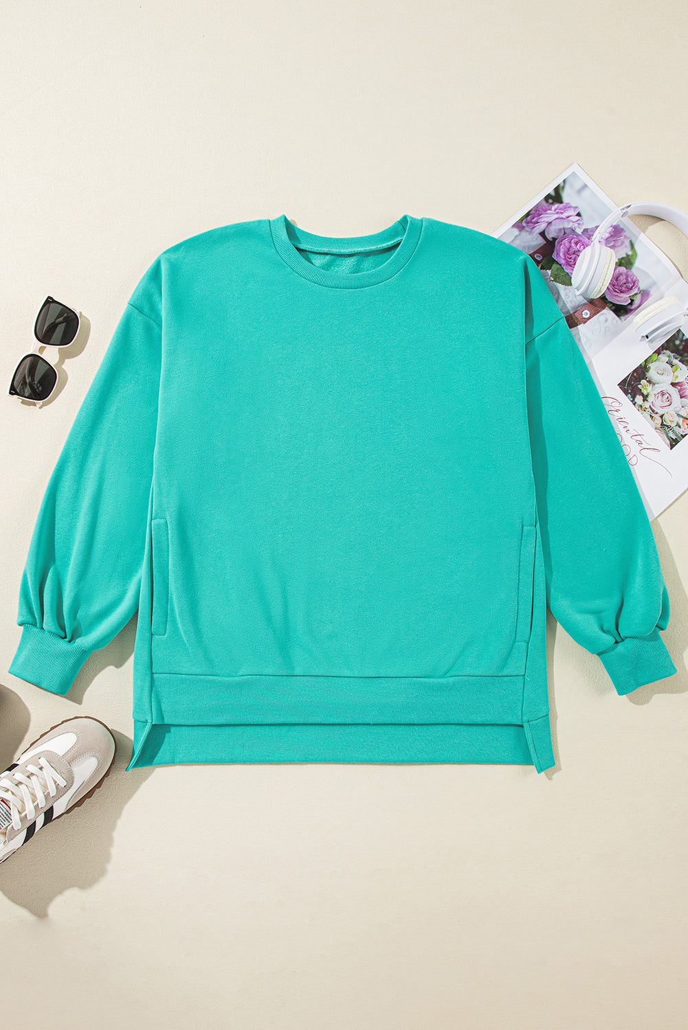 Valerian Solid Fleece Lined Drop Shoulder High Low Sweatshirt