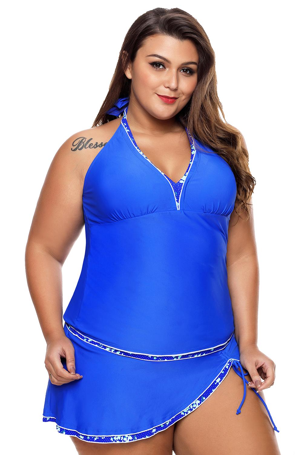 Sky Blue Contrast Trim Tankini Top with Swimsuit Skirt Tankini Set
