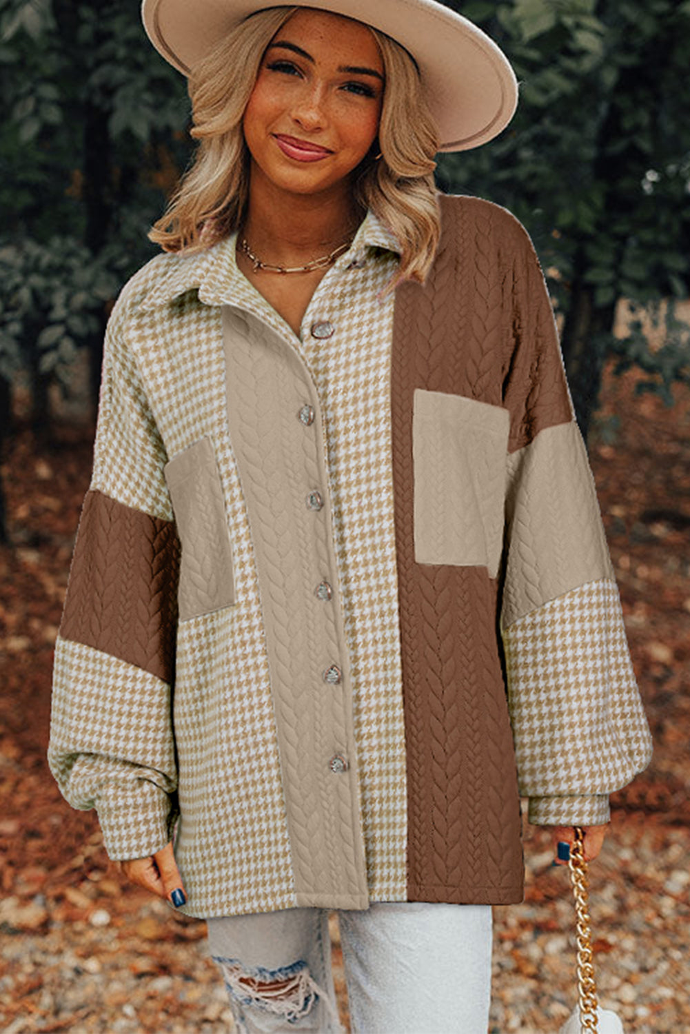 Pink Houndstooth Color Contrast Textured Patchwork Loose Shacket
