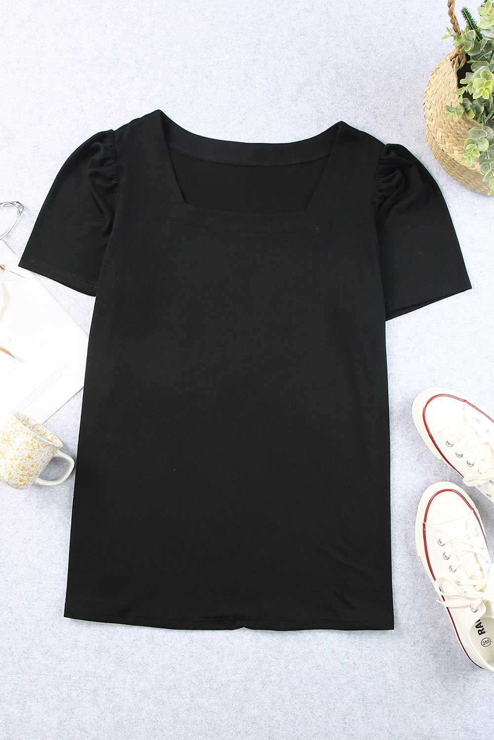 Green Plus Size Square Neck Ruched Shoulder Short Sleeve Top