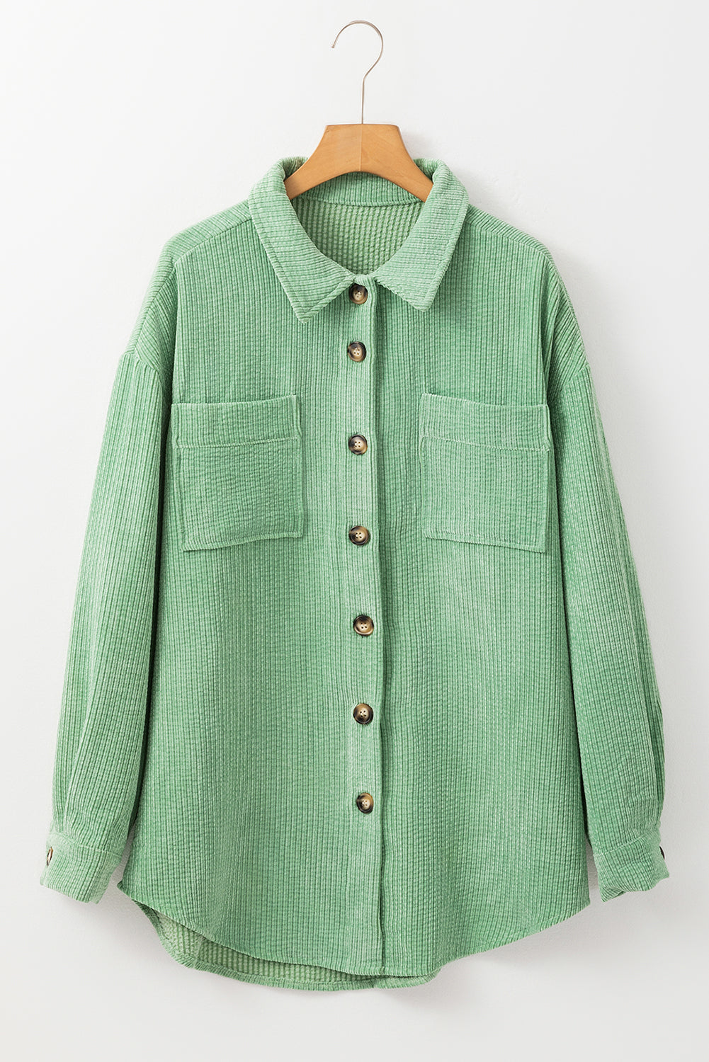 Light French Beige Patched Pocket Button Up Corduroy Shacket