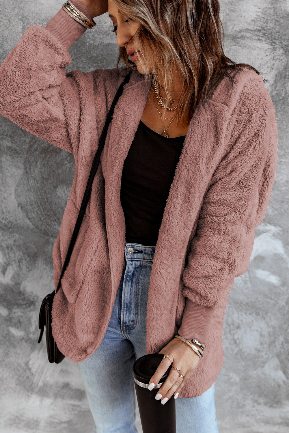 Pink Pink Soft Fleece Hooded Open Front Jacket