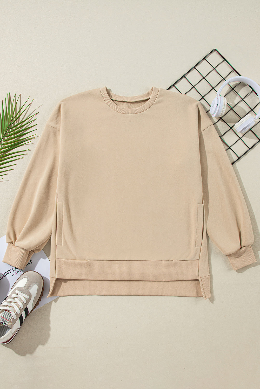 Valerian Solid Fleece Lined Drop Shoulder High Low Sweatshirt