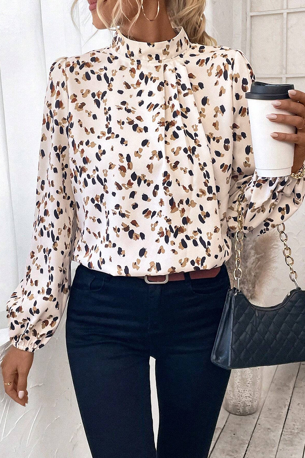 Black Leopard Print Lantern Sleeve Mock Neck Pleated Blouse
