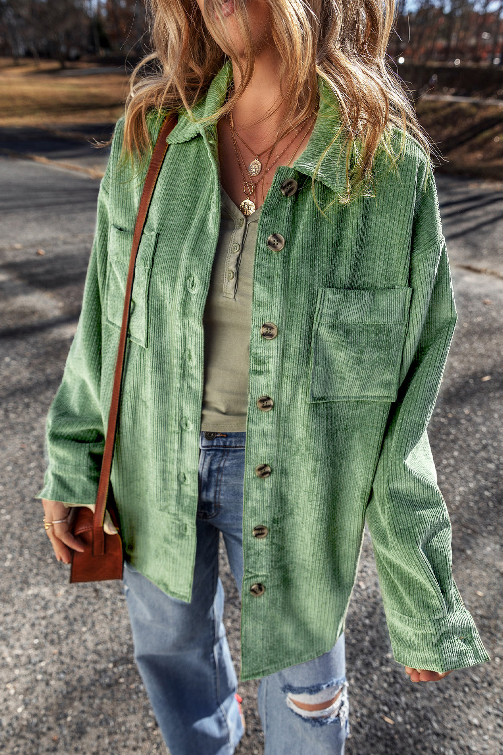 Light French Beige Patched Pocket Button Up Corduroy Shacket