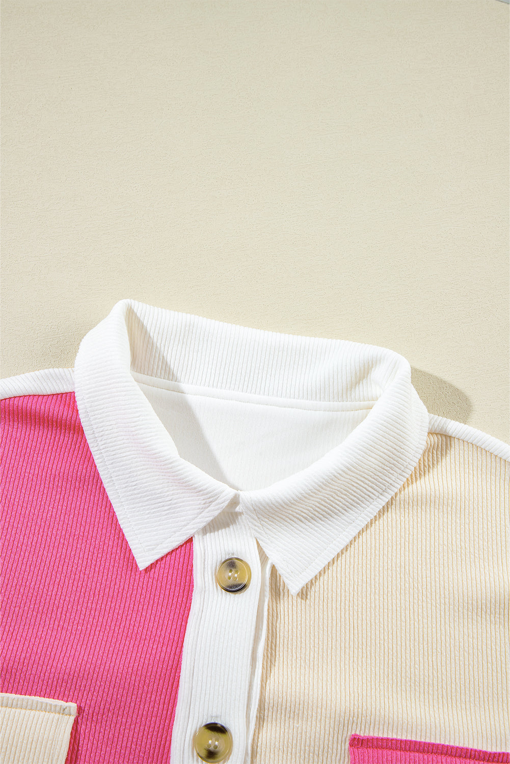 Pink Colorblock Ribbed Collared Oversized Sweatshirt
