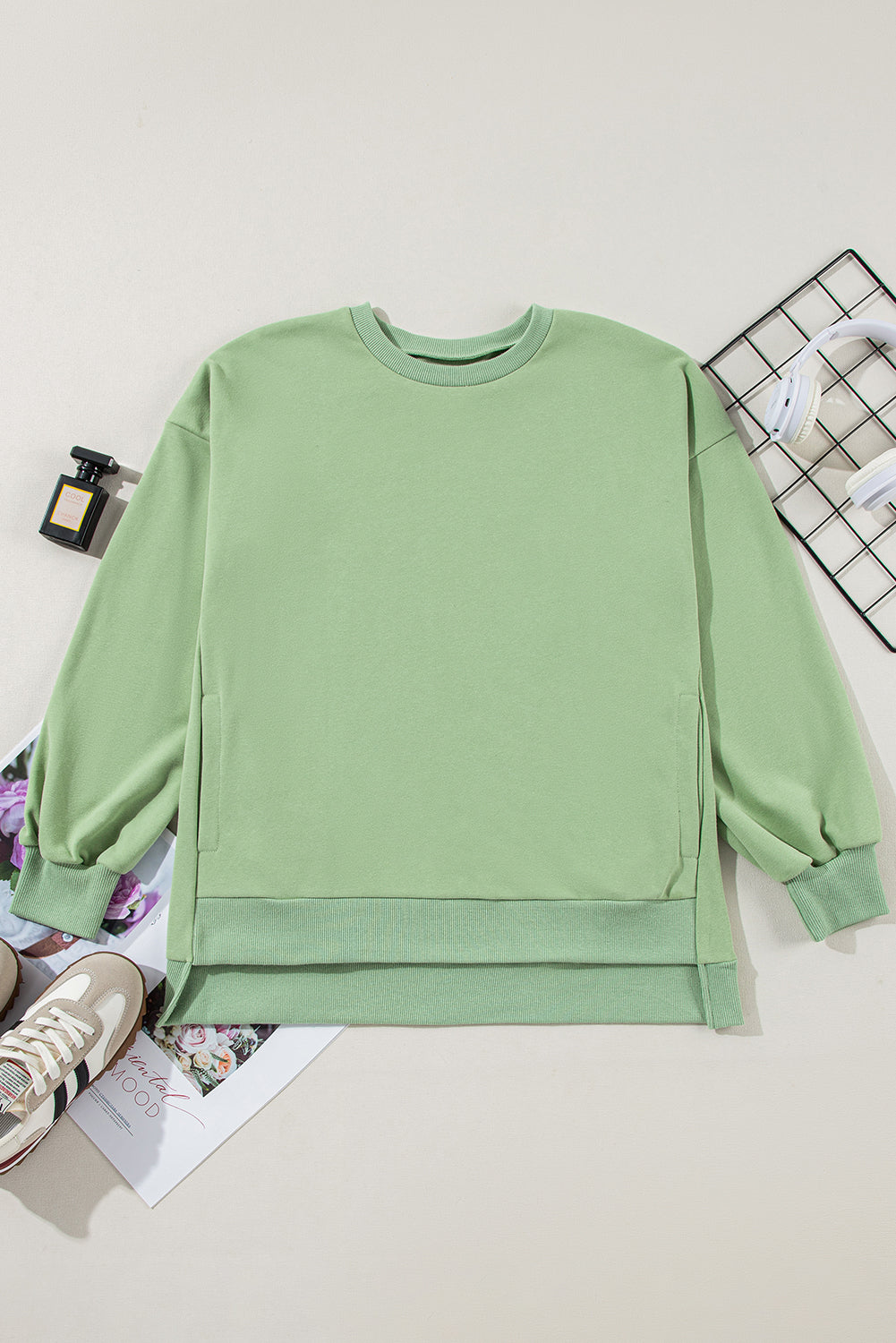 Valerian Solid Fleece Lined Drop Shoulder High Low Sweatshirt