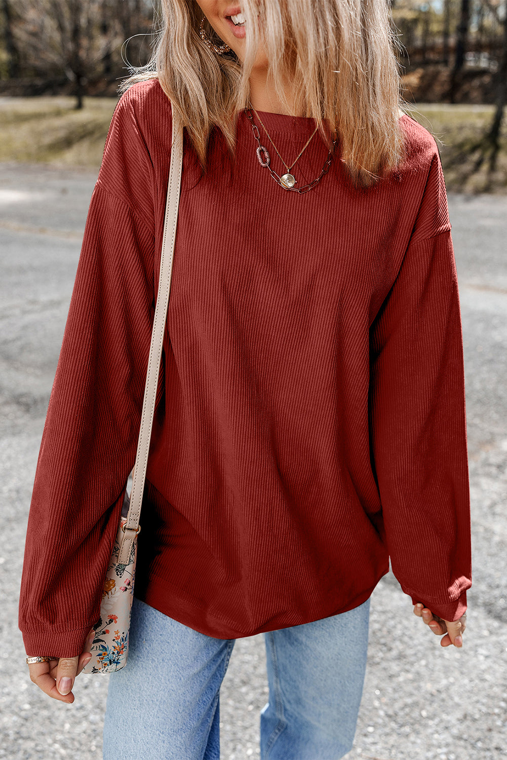 Chestnut Ribbed Corduroy Oversized Sweatshirt