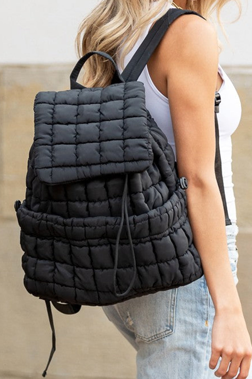 Dusk Blue Solid Flapped Quilted Puffer Backpack