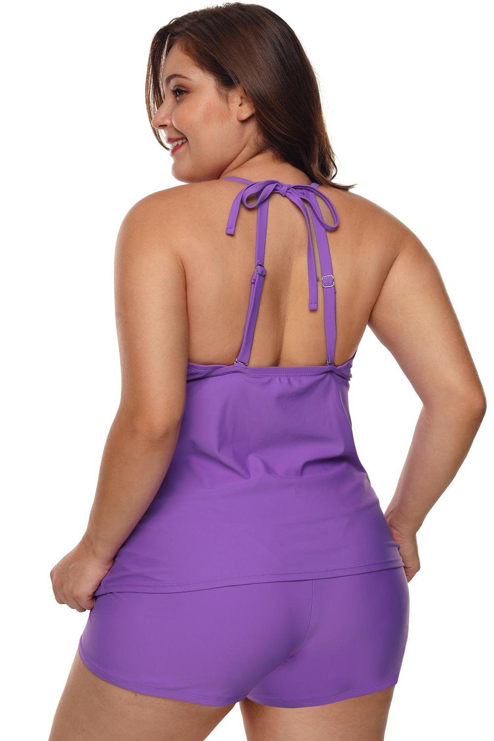 Violet Beaded Crisscross Tankini and Short Swimsuit