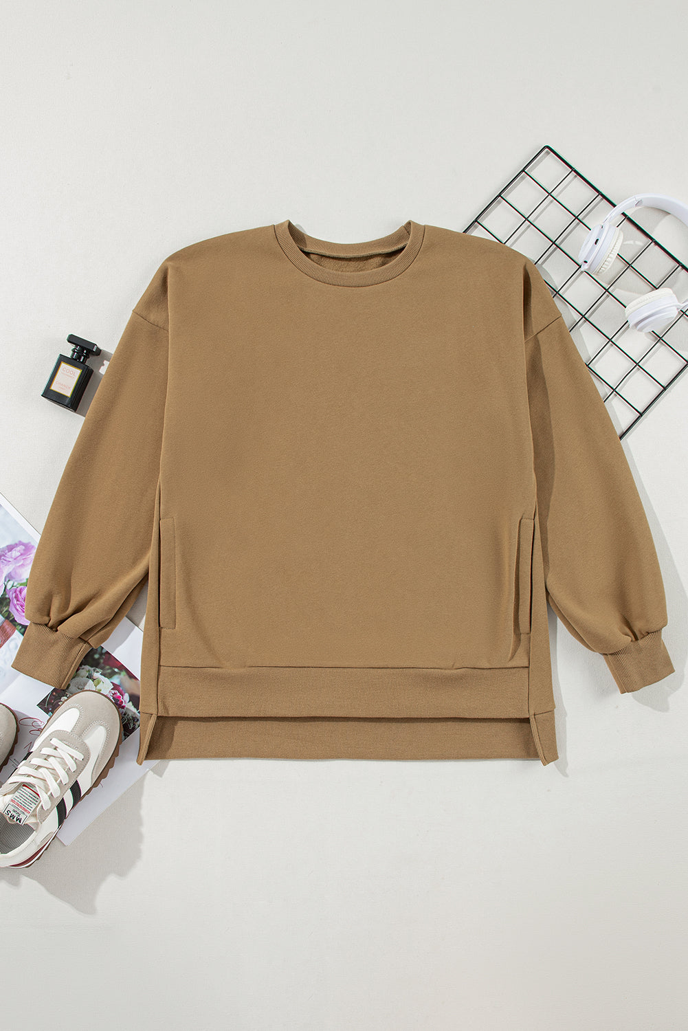 Valerian Solid Fleece Lined Drop Shoulder High Low Sweatshirt