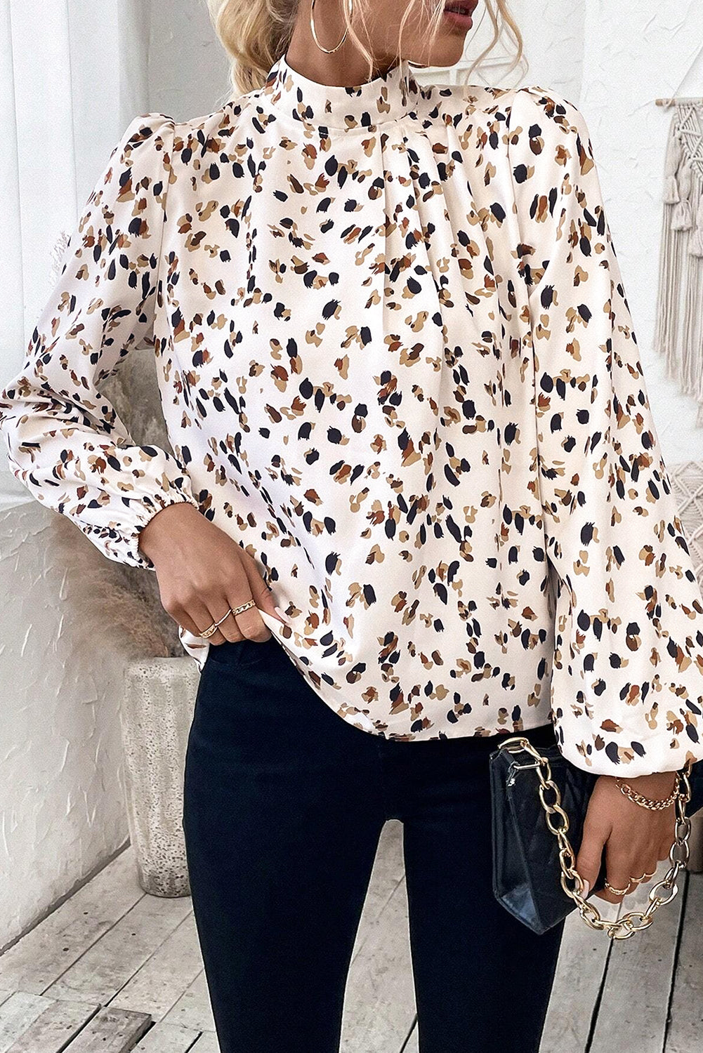 Black Leopard Print Lantern Sleeve Mock Neck Pleated Blouse