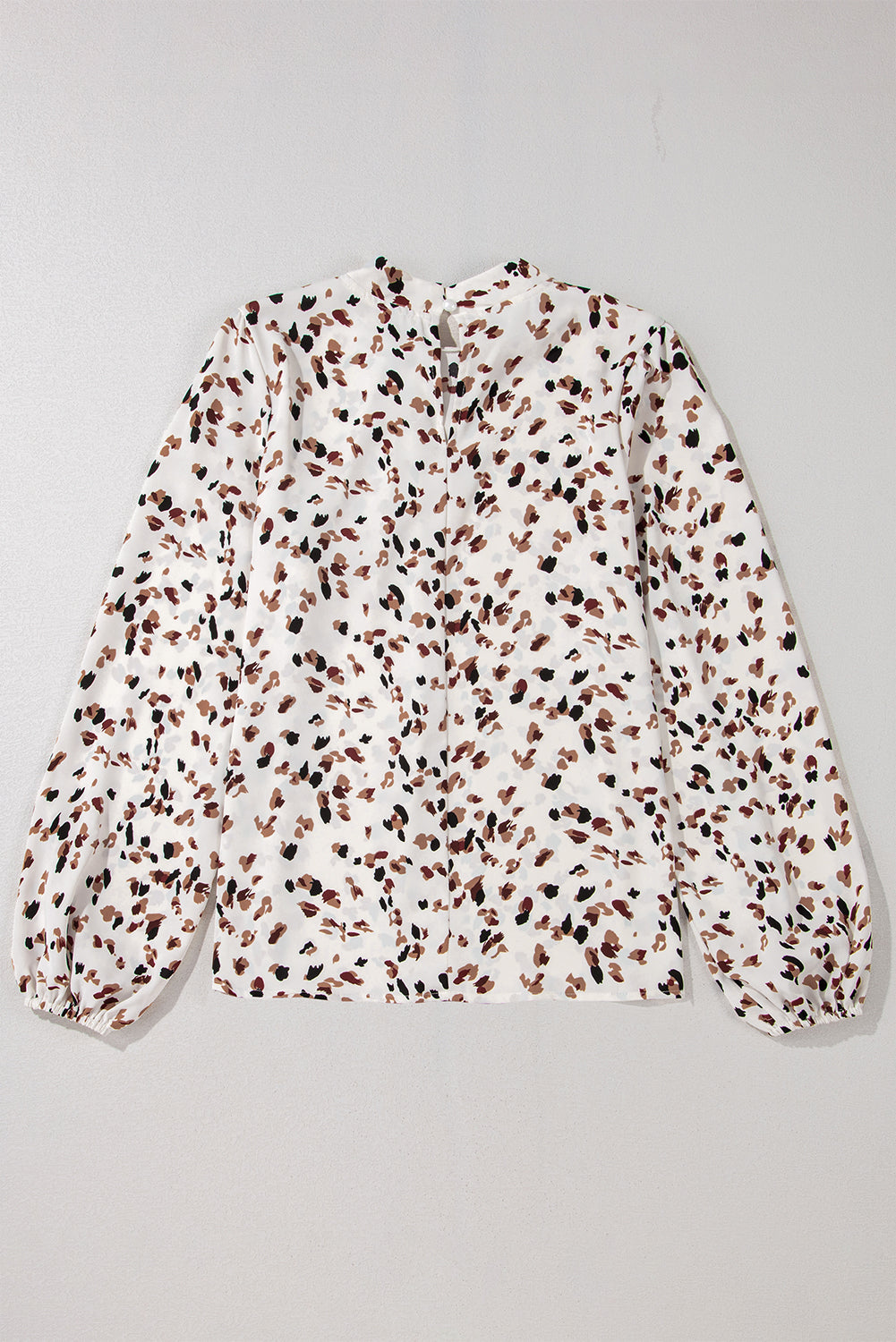 Black Leopard Print Lantern Sleeve Mock Neck Pleated Blouse