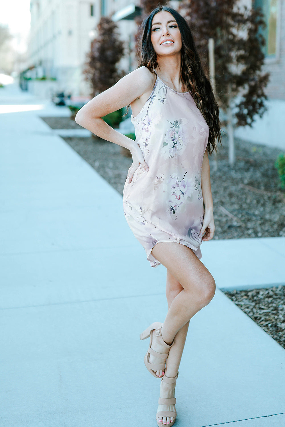 Summer Floral Print Pink Sleeveless Dress