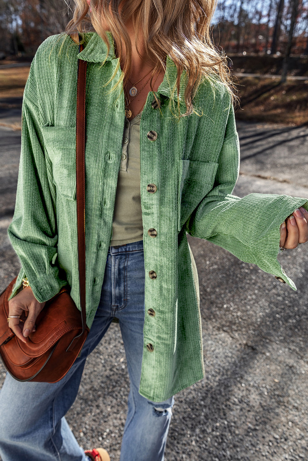 Light French Beige Patched Pocket Button Up Corduroy Shacket