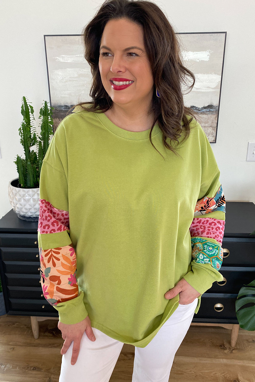 Rose Red Plus Size Printed Patchwork Sleeve Split Sweatshirt