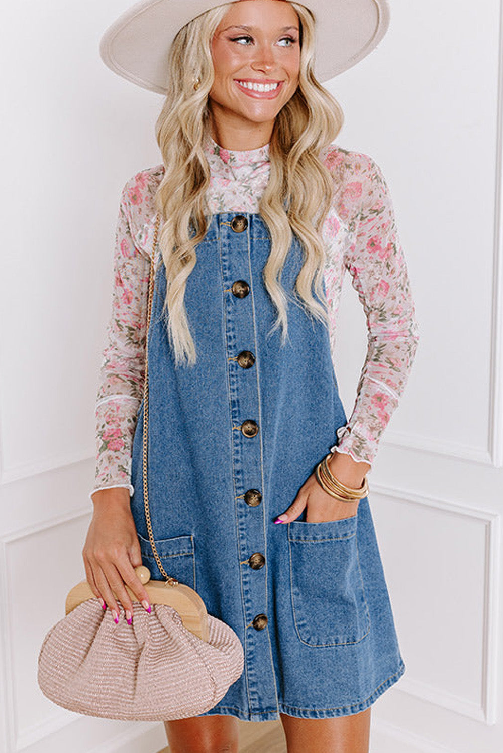 Medium Grey Wide Strap Button Front Pocketed Denim Mini Dress