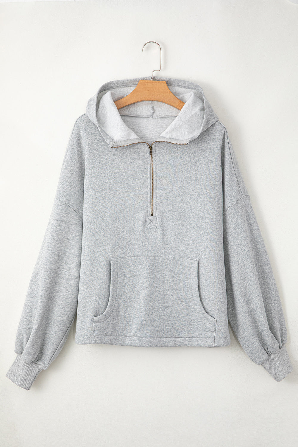 Bonbon Fleece Lined Half Zipper Kangaroo Pockets Loose Hoodie