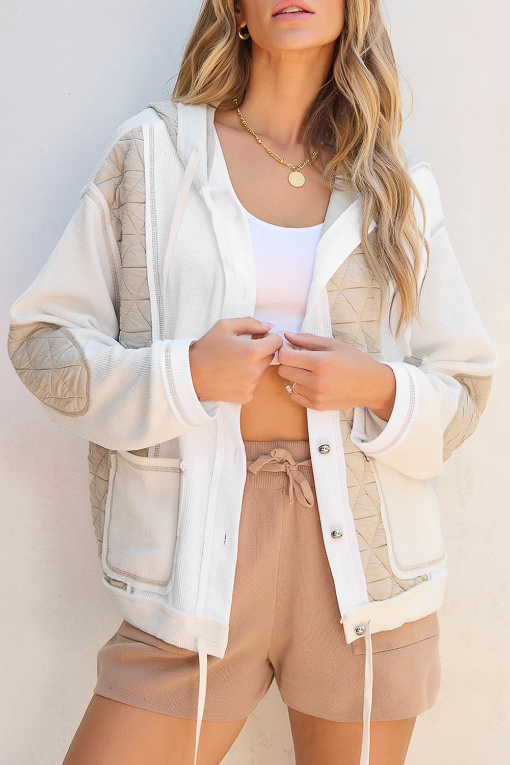 Light Blue Quilted Textured Patchwork Loose Fit Hooded Jacket