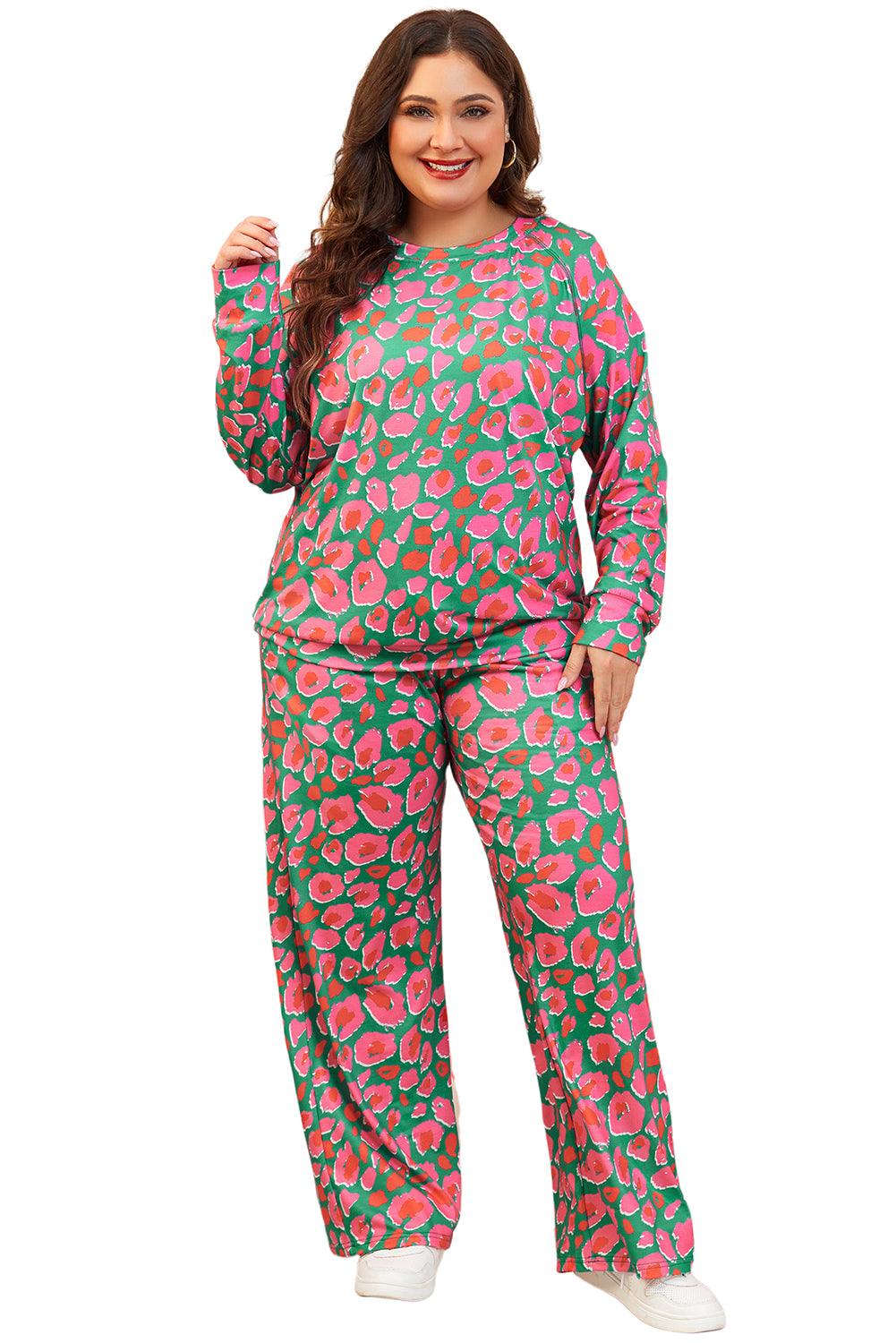 Black Plus Size Printed Long Sleeve and Pants Lounge Set