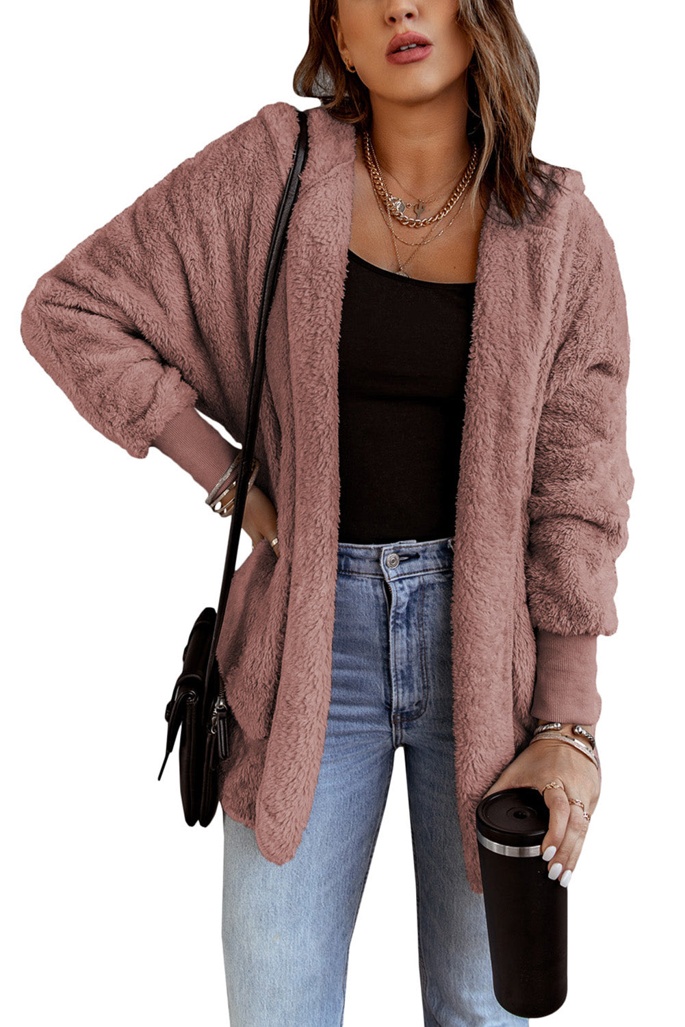 Pink Pink Soft Fleece Hooded Open Front Jacket