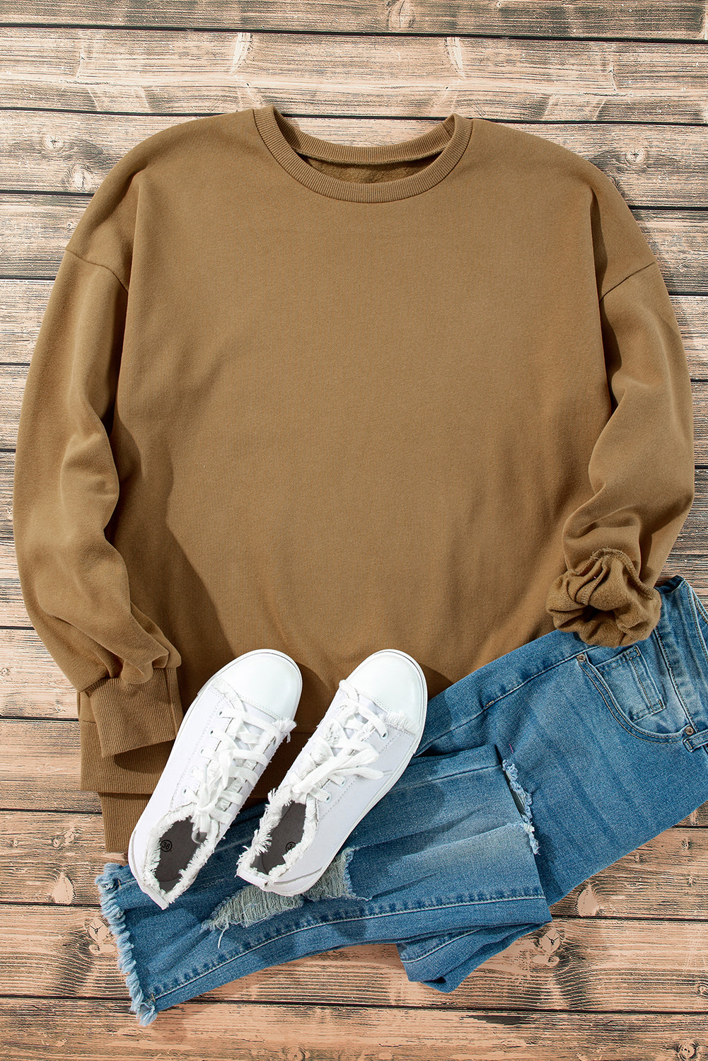 Valerian Solid Fleece Lined Drop Shoulder High Low Sweatshirt