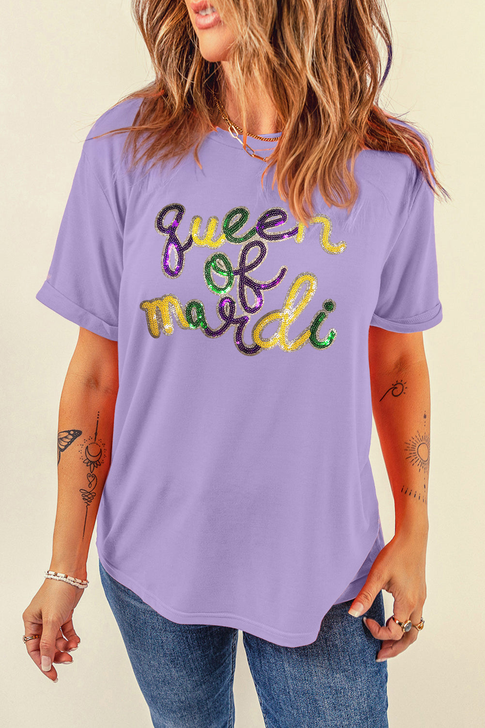 White queen of mardi Sequin Letter Graphic T Shirt