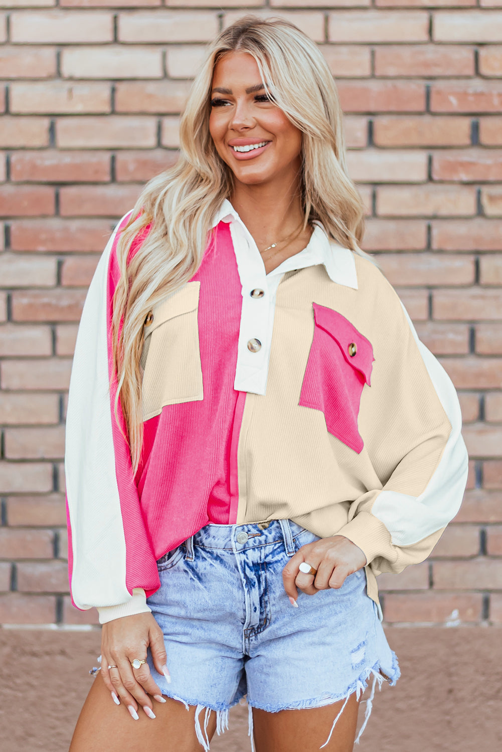 Pink Colorblock Ribbed Collared Oversized Sweatshirt