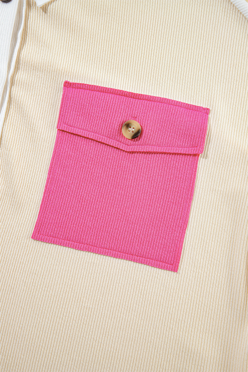 Pink Colorblock Ribbed Collared Oversized Sweatshirt