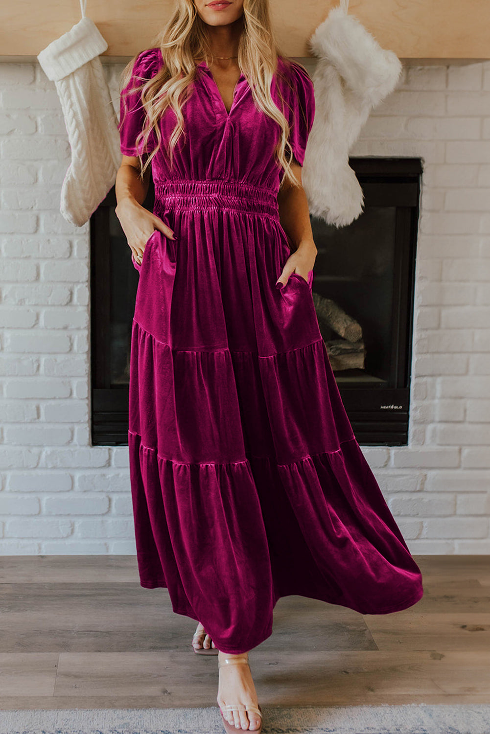 Prussian Blue Velvet Short Sleeve Shirred Waist Tiered Maxi Dress