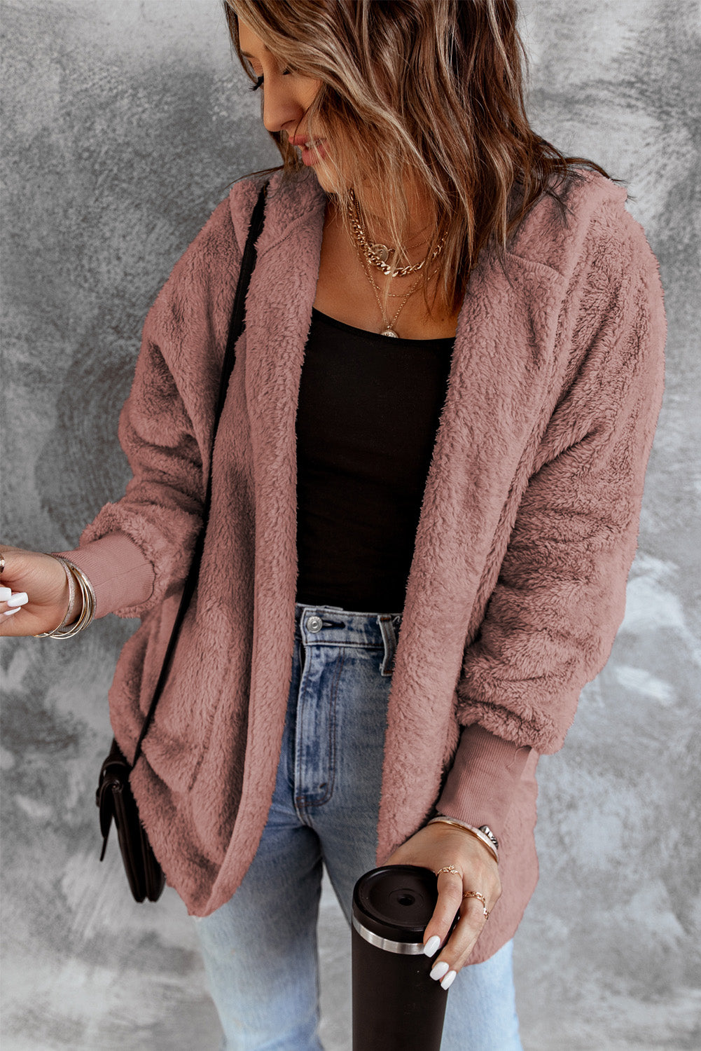 Pink Pink Soft Fleece Hooded Open Front Jacket