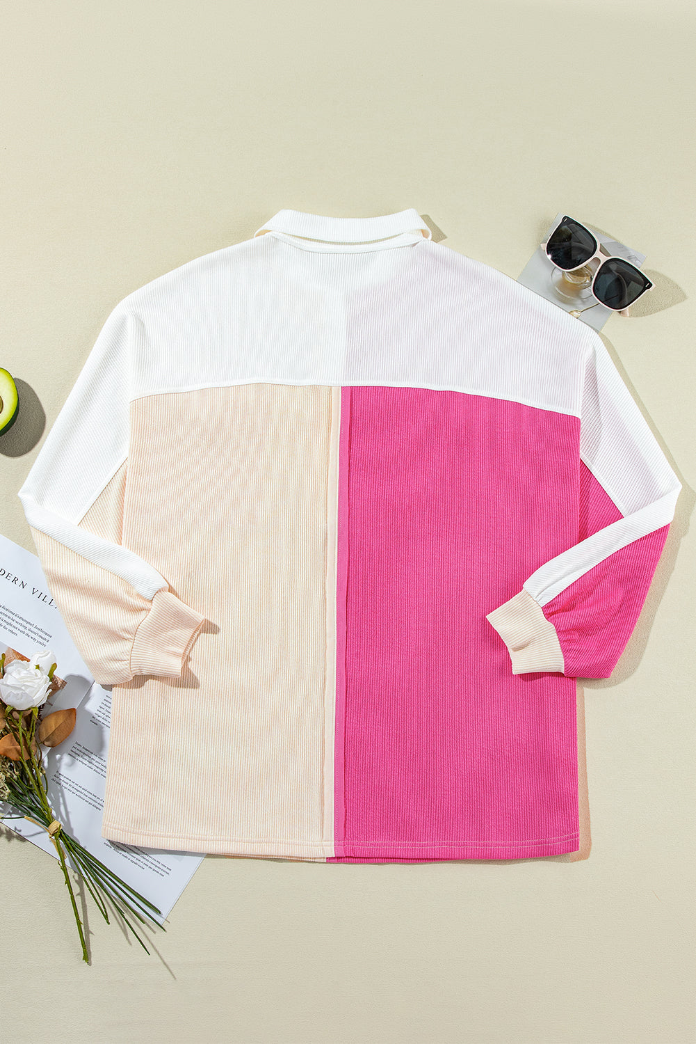 Pink Colorblock Ribbed Collared Oversized Sweatshirt