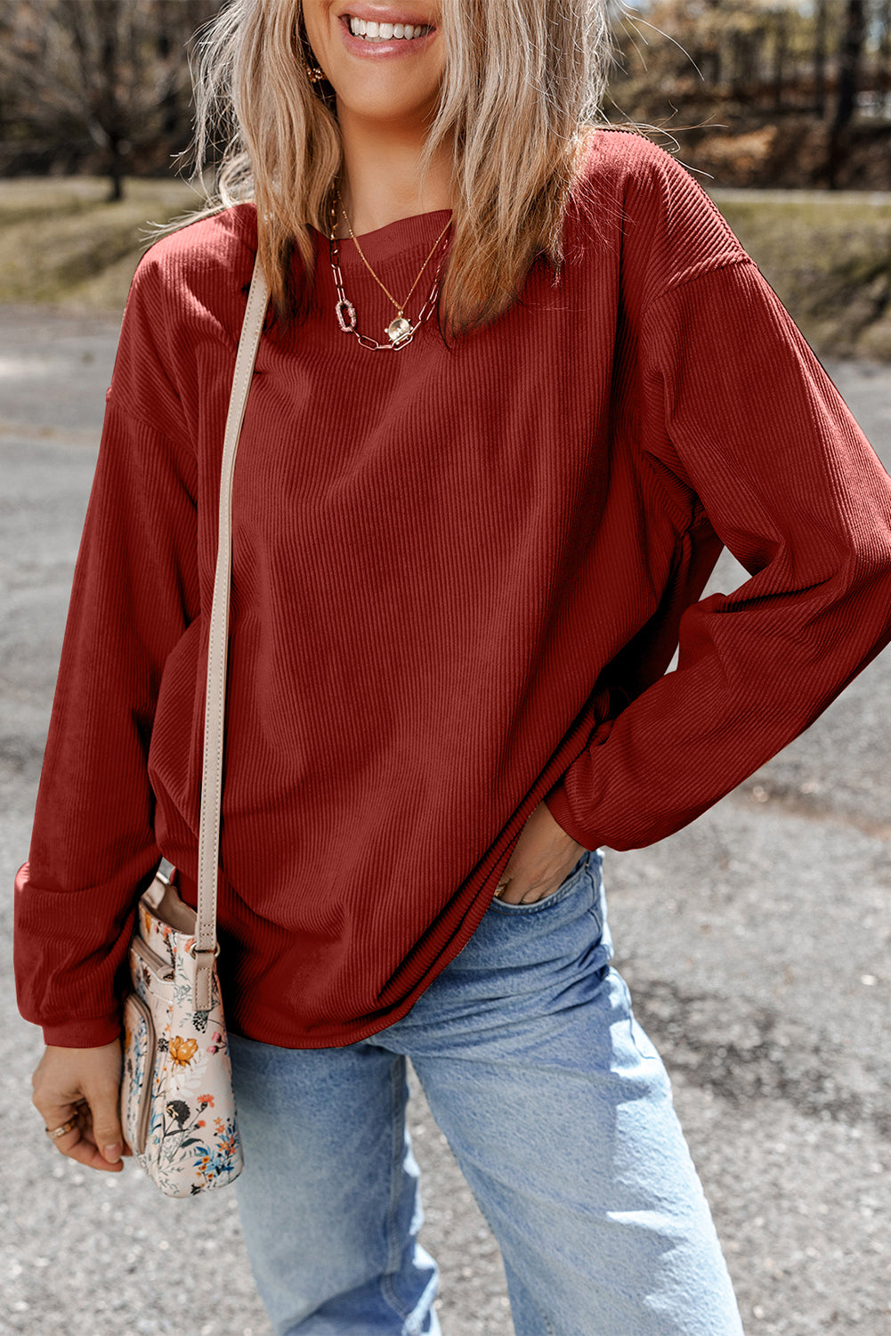 Chestnut Ribbed Corduroy Oversized Sweatshirt