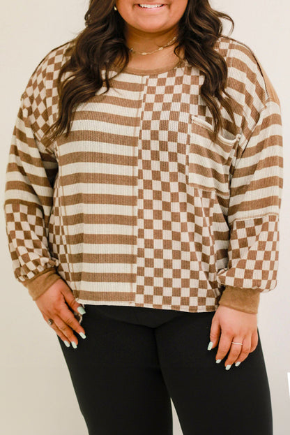 Khaki Striped Checkered Mixed Print Chest Pocket Casual Plus Size Top