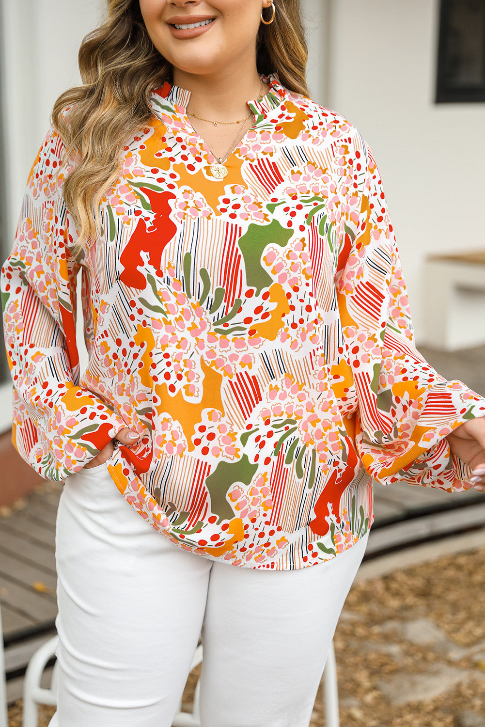 Orange Printed Floral Abstract Print Frilled V Neck Plus Size Blouse