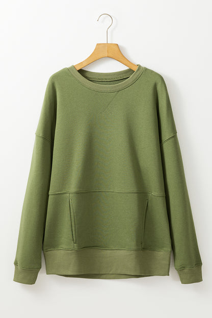Black Drop Shoulder Crisscross Stitching Pocketed Loose Sweatshirt