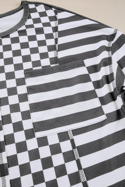 Rose Red Checkerboard Striped Patchwork Lantern Sleeve Pocketed Blouse